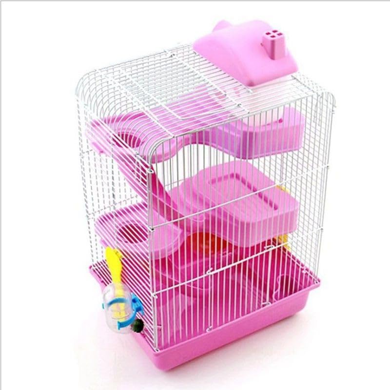 Jaula para hámster Jaula de Alambre for hámster Estilo Villa Tres Pisos con Cuenco alimentación, Rueda for Correr, riel Deslizante, Juguete for Mascotas, Accesorios for, habitación(Pink)