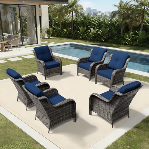Image of Joyside 6 Piece Wicker Patio Furniture Set, Rattan Patio Chairs with High Back, Deep Seating, Wide Armrest, Thickened Cushions, Outdoor Furniture for Deck, Porch Use