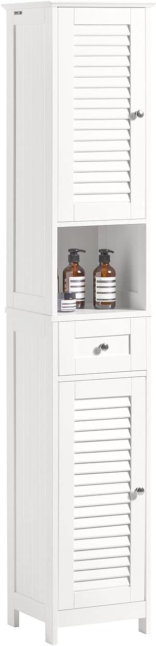 SoBuy Bathroom Cabinet Drawer Cabinet Tall Bathroom Organizer with 2 Shutter Doors and 1 Drawer Narrow Slim Corner Shelf Cupboard for Living Room,Kitchen,32 x30 x170cm, خزانة طويلةFRG236-W