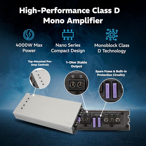 Image of SOUNDSTREAM Picasso Nano PN1.4000DX Monoblock Class D Car Stereo Amplifier - 1 Channel 4000W Compact Digital Amp with Wired Bass Control & High-Level Inputs for Subwoofers & Speakers (Renewed)