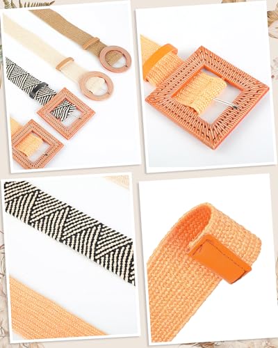 Image of WILLBOND 4 Pcs Women's Elastic Raffia Woven Belt, Boho Rattan Buckle Stretch Straw Wide Waist Belt for Dresses Jeans Pants