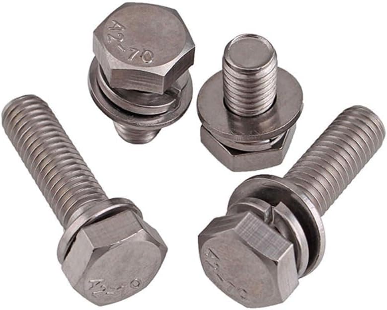 M6-1.0 304 Stainless Steel SEM Hex Head Bolts+ Flat/Spring Washers Screws A2-70 - (Length: M6 X 12mm-50pcs)