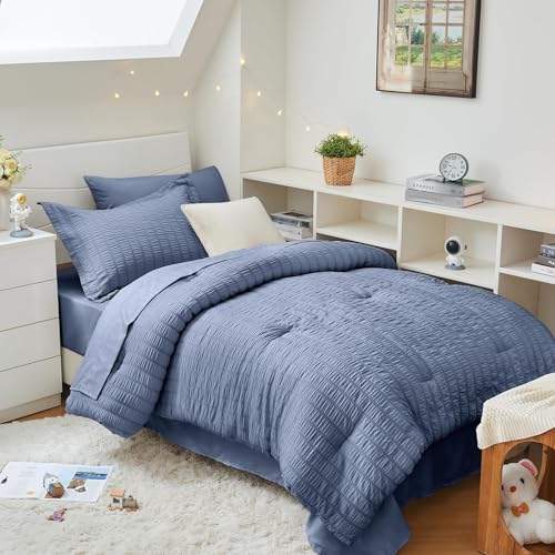 Image of HYMOKEGE Nordic Blue Twin XL Comforter Set Seersucker 5 Pieces, All Season Luxury Bed in a Bag for Bedroom, Bedding Set with Comforter, Sheets, Pillowcase & Sham