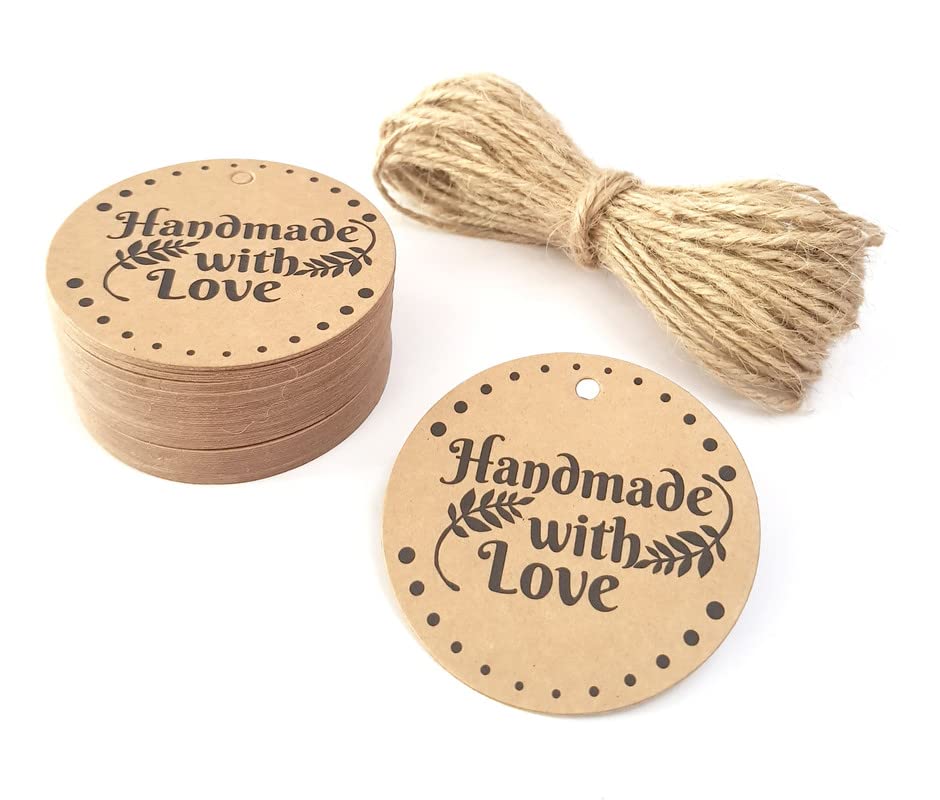 TOWNBUS Handmade with Love Craft Brown Hang Tags with String for Party & Celebration | Return Gift Kraft Tags with Jute Rope | Thread | D3-50 Nos-image-7