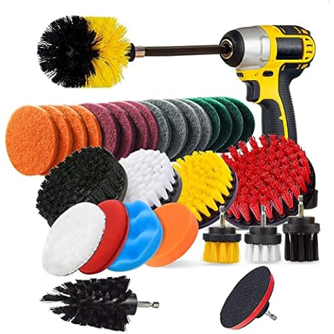 JUSONEY 28 Piece Drill Brush Attachment- Drifferent Size and Hardness- Premium Scrub Pads & Sponge- With Extend Long Attachment- Power Scrubber Brush Cleaning for Grout, Tiles, Sinks, Bathtub, Kitchen Cover