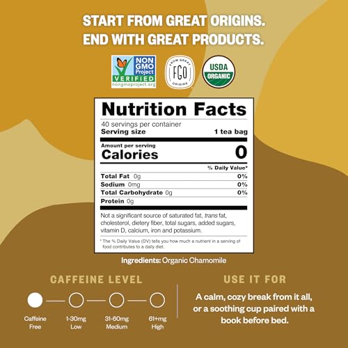 Image of FGO Organic Chamomile Tea, 40 Count, Eco-Conscious Tea Bags, Resealable Bag (Pack of 1)