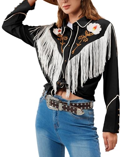 JOHN MOON Women's Floral Embroidered Fringe Western Shirts Rodeo Cowgirl Button Down Blouse Tops Country Style Outfits3