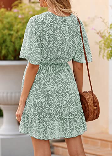 Kirundo 2023 Women's Summer Dresses Casual Short Sleeve V Neck Ruffle Leopard Print High Waist Flowy Mini Dress With Belt(X-Large, Green) #TOP5