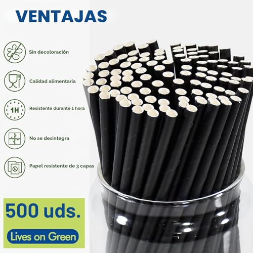 Miniatura 3 de Lives On Green Paquete De 500 Pajitas De Papel Negro Desechables Ecológicas Para Cócteles, 14,6 X 0,6 Cm, Para Casa, Bares Y Restaurantes