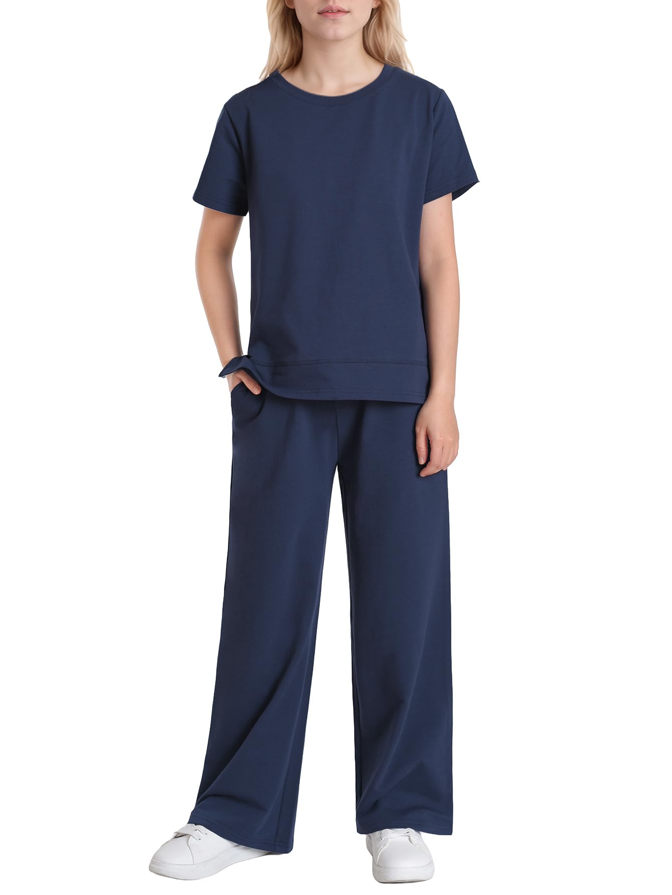 Weintee Women's Petite Sweatsuits Wide Leg Sweatpants Set Short Sleeve Jogging Suits