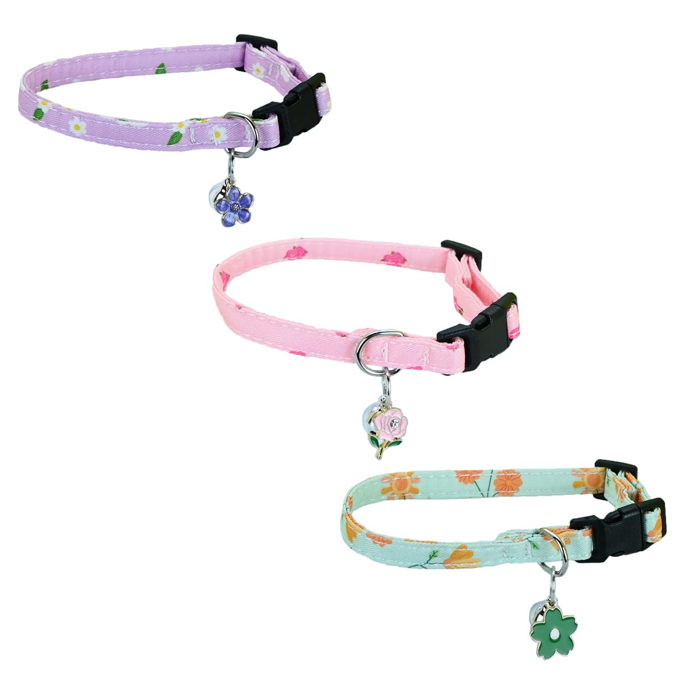 Newtensina Fashion 3 Pieces Cute Flower Pattern Cat Collar with Flower Pendant Pedal Pendant for Cats