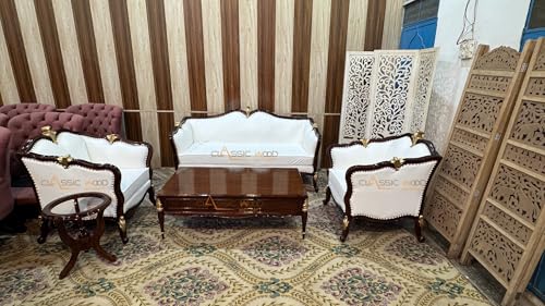 Image of CLASSIC WOOD & CRAFT Luxury 5-Seater Wooden Sofa Set Center Table & Side Table | Hand-Carved Teak Wood Sofa White Upholstery & Golden Detailing | Royal Living Room Furniture for Home Villa & Hotel
