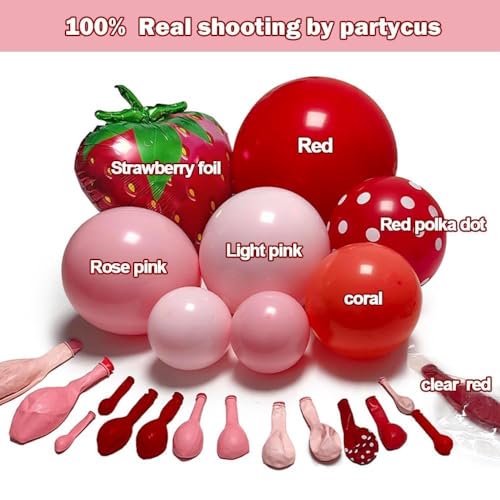 Image of Strawberry Balloon Arch Kit Double Stuffed, Pastel Red Baby Pink Coral Balloon Garland with 18in Strawberry Foil for Berry First Birthday Baby Shower Sweet Mothers Day Wedding Party