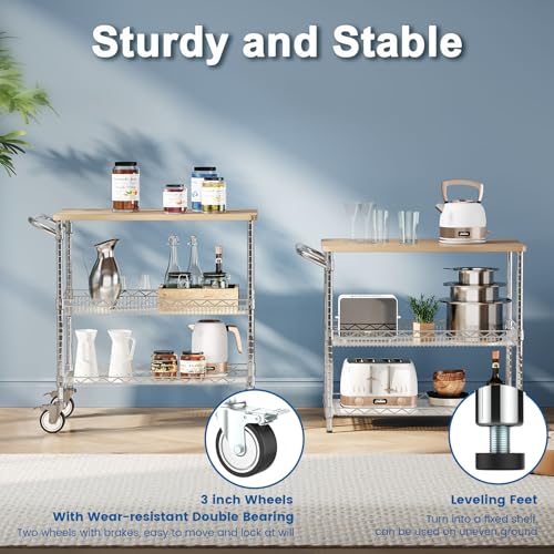Image of Rolling Kitchen Carts with Wheels, 3-Tier Utility Cart with Wood Tabletop