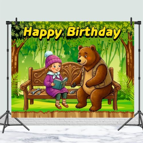 Image of Bear Theme Birthday Backdrop | Forest Friends Happy Birthday Banner | Cute Animal Party Decoration | Kids Photo Booth Background (Pack of 1, Size: 4x3 Feet)