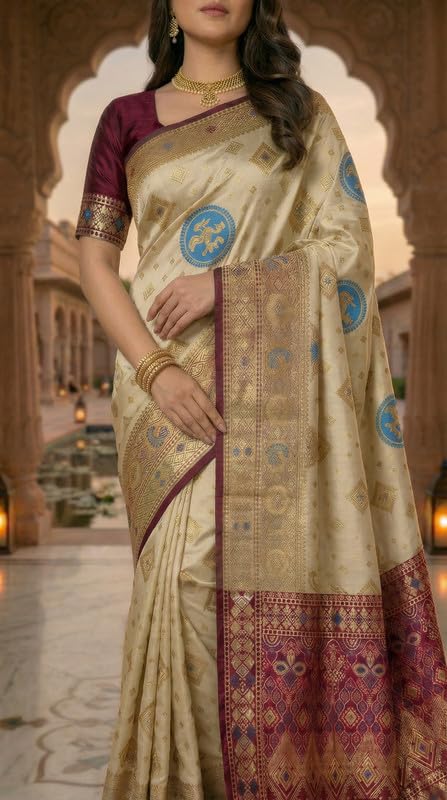 Image of C J Enterprise Women's Pure Soft Silk Saree With Blouse Piece For Wedding (Diamond-Patola)