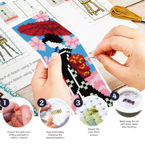 Image of ACRNIGHEET 6PCS Cross Stitch Bookmark Kit for Beginner Stamped Cross Stitch Kits for Adults Japanese DIY Tassel Embroidery Bookmark Kits Needlepoint Kit with Instructions Craft Gift 8.5''x3'' 11CT