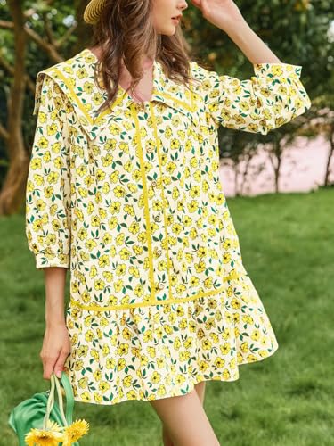 Image of Wenrine Womens Casual Shirt Dresses 3 /4 Long Sleeve Floral Button Down Flowy Babydoll Fall Mini Dress