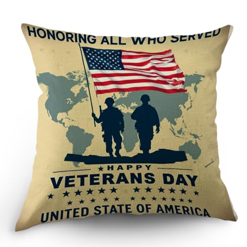 Moslion Throw Pillow Cover Happy Veterans Day Honoring Who Served Quote Army Flag Solider Stars Symbol Square Pillow Case Cushion Cover for Home Car Decorative Cotton Linen 18x18 Inch