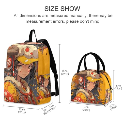 Backpack Lunch Bag Set Tribal Warrior Anime Print, Big Storage Travel Backpacks with Insulated Lunch Box for Office Hiking Picnic2
