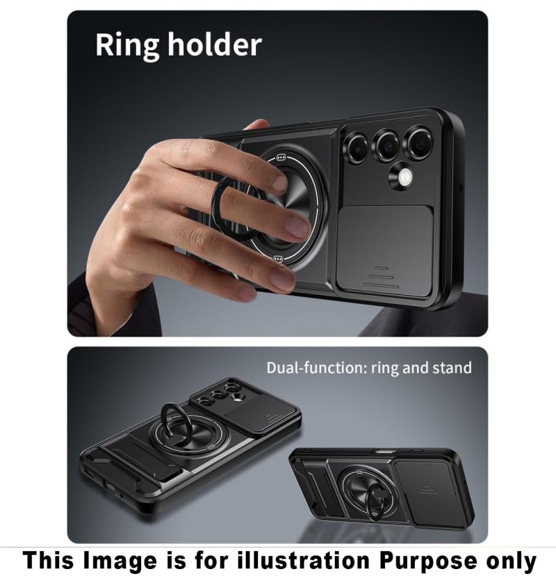 Image of Back Cover for Motorola Moto G85 5G | Armor Camera Slider 360 Degree Rotating Finger Ring Holder Case with Bracket Stand Back Case Cover | (Black)