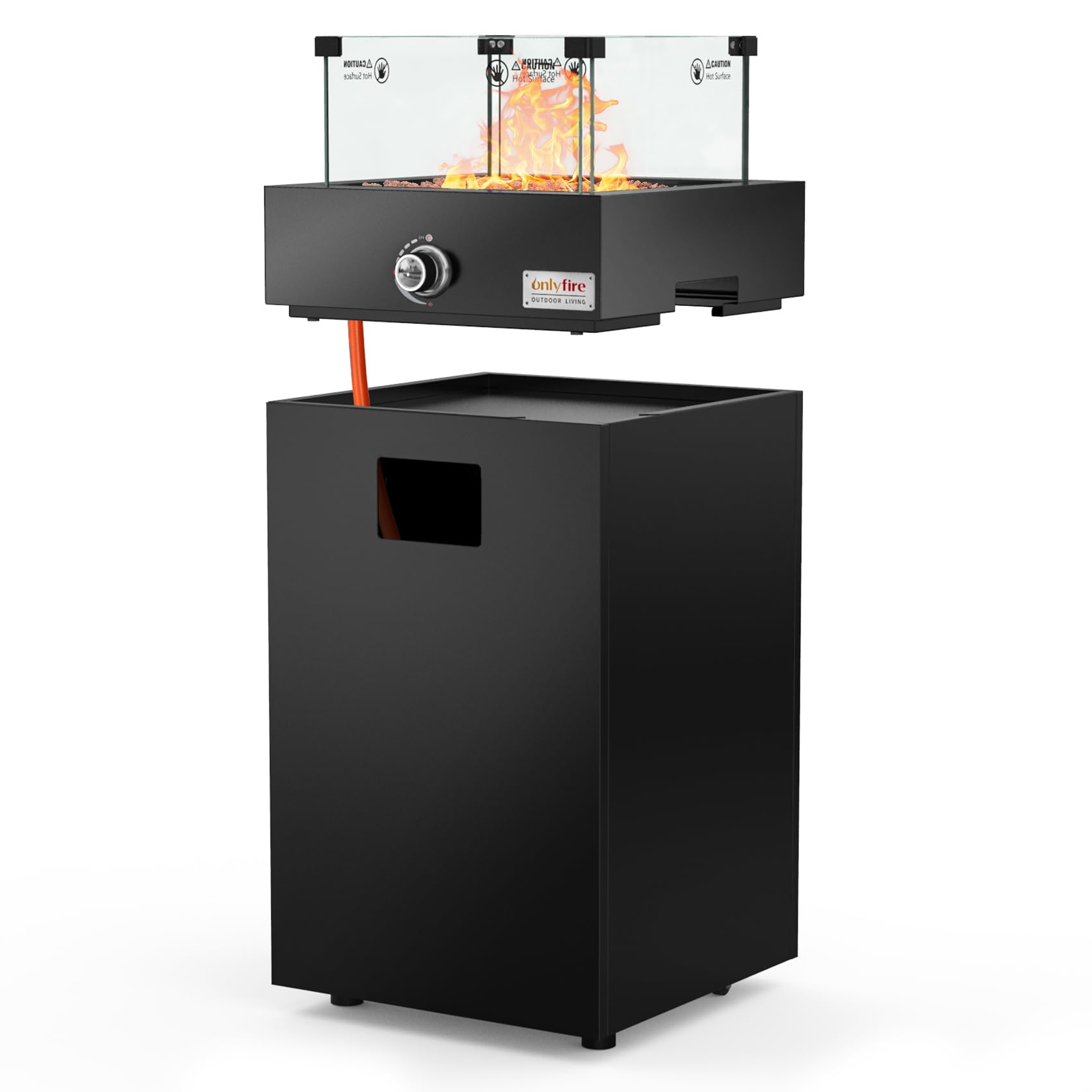 Onlyfire Abnehmbare Gas Feuerstelle, Quadratische Outdoor Gas Feuertisch mit Glaswindschutz, Rollen und Lavasteine, Terrassenfeuer mit Elektronische Zündung, 6,85KW, für Garten und Balkon, Schwarz