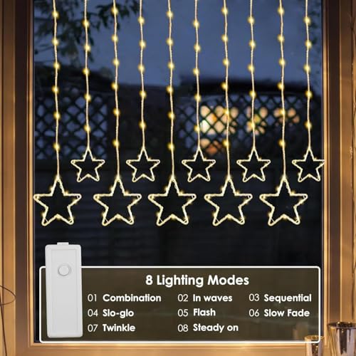 Image of One94Store Fairy Star Curtain String LED Lights, 3 Meter Warm White Plug-in Decorative Curtain with 96 LEDs, 8 Modes and 5+5 Star Design for Home, Festival, Diwali & Wedding Decoration