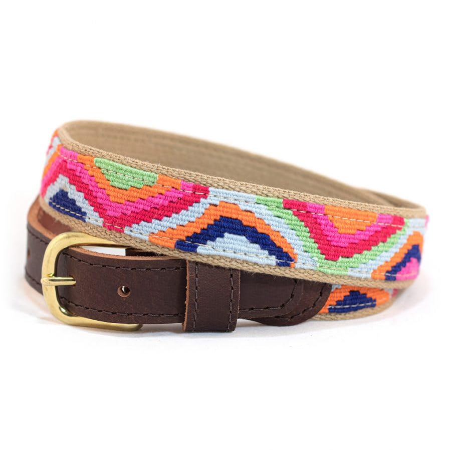 A Tail We Could Wag Cotton & Leather Belt - Handmade Guatemalan Cotton Weave with Colorful Patterns & Solid Brass Buckle