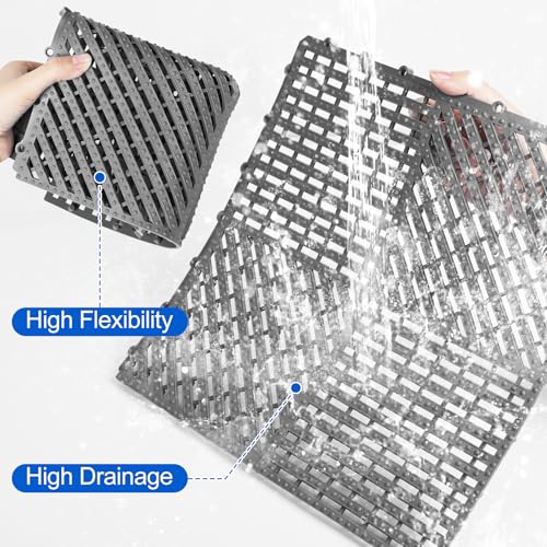 Image of ToLanbbt Modular Interlocking Cushion 12P 11.8 inch x 11.8 inch Interlocking Rubber Floor Drain Holes Non-Slip Splicing Drainage Mats for Deck, Shower, Kitchen, Drain Pool, Sauna Bath (Dark Grey, 1 Rows Dots)