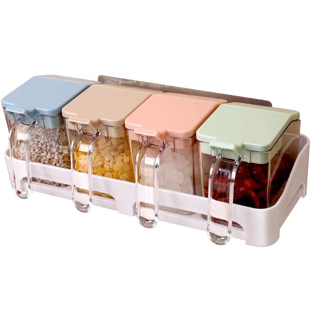 HRWLY Spice Rack 4 Grid Spoons with Lid Seasoning Box Kitchen Container, Jar with and Spoon