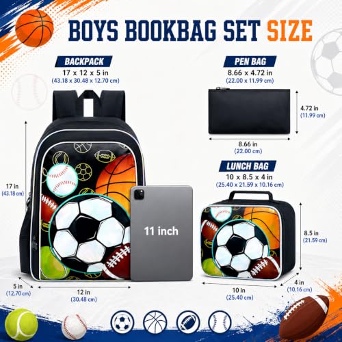 Image of gxtvo 3PCS Soccer Backpack for Boys, 17 inch Kids Football Bookbag with Lunch Box, Water Resistant Middle Elementary School Bag - Multiple Balls
