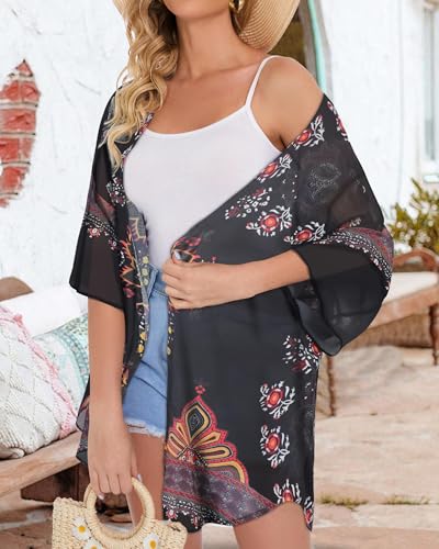 Image of Women's Floral Print Puff Sleeve Kimono Cardigan Loose Cover Up Casual Blouse Tops 2026