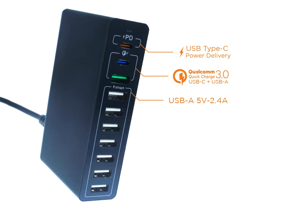 Stazione di Ricarica USB C 65W 10 Porte 1 USB C PD 1 USB C QC3.0 1 USB A QC3.0 7 USB Smart 2.4A