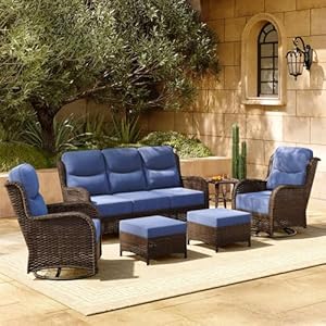 Luxury High Back Outdoor Furniture 6 inch Thick Cushion Swivel Rocking Patio Chairs and 3 Seat Sofa 6 PCS Wicker Conversation Set for Yard in BlueVersion 20