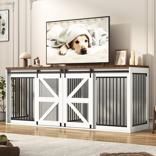 jiteentarou87In Farmhouse Dog Crate TV Stand, Wooden Dog Kennel Furniture with Sliding Metal Mesh...