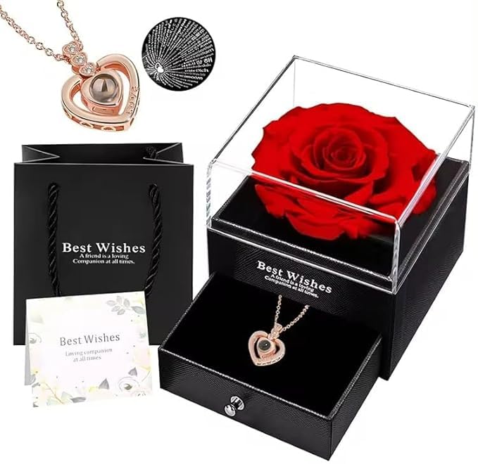 GENERIC BRAND - Eternal Rose with Gift Box, Preserved Rose Set with 100 languages I Love You Necklace, Romantic Gifts for Her, Anniversary, Birthday, Valentine's Day