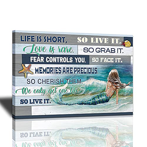 Beach Canvas Mermaid Wall Art Decor Motivational Inspirational Quotes Life Is Short So Live It Canvas Vintage Wooden Background Fairy Sea Waves Artwork Teal Mermaid Lover Gift for Bedroom Living Room