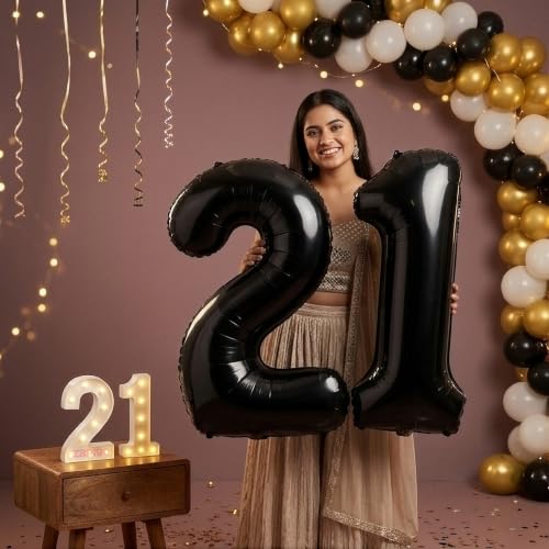 Image of Balloonistics Black 40-Inch Foil Number 21 Balloon with Matching LED Marquee Light - Combo Set for 21st Birthday, Anniversary, Party Decoration, Photo Booth Backdrop