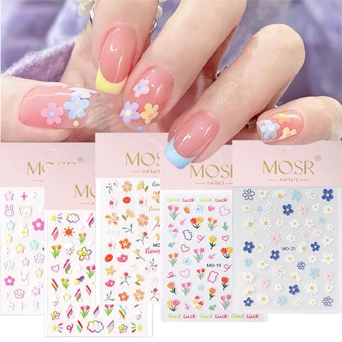 SHUBEIEUMI 5 Hojas de Pegatinas para Uñas, Autoadesiva Nail Art Stickers Decoración, Flores de Tulipán y Margaritas 3D Adhesivas
