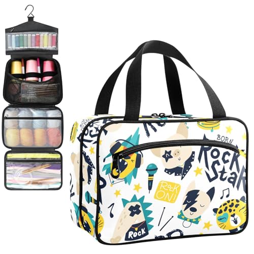 YNNALE Sewing Supply Organizer Bag, Rock Star Animal Funny Rock&roll Pig Horse Dogs Cute Animal Portable Sewing Bags with Pockets&Hanger, Sewing Storage Box Case for Sew Supplies/Kit/Tools/Accessories
