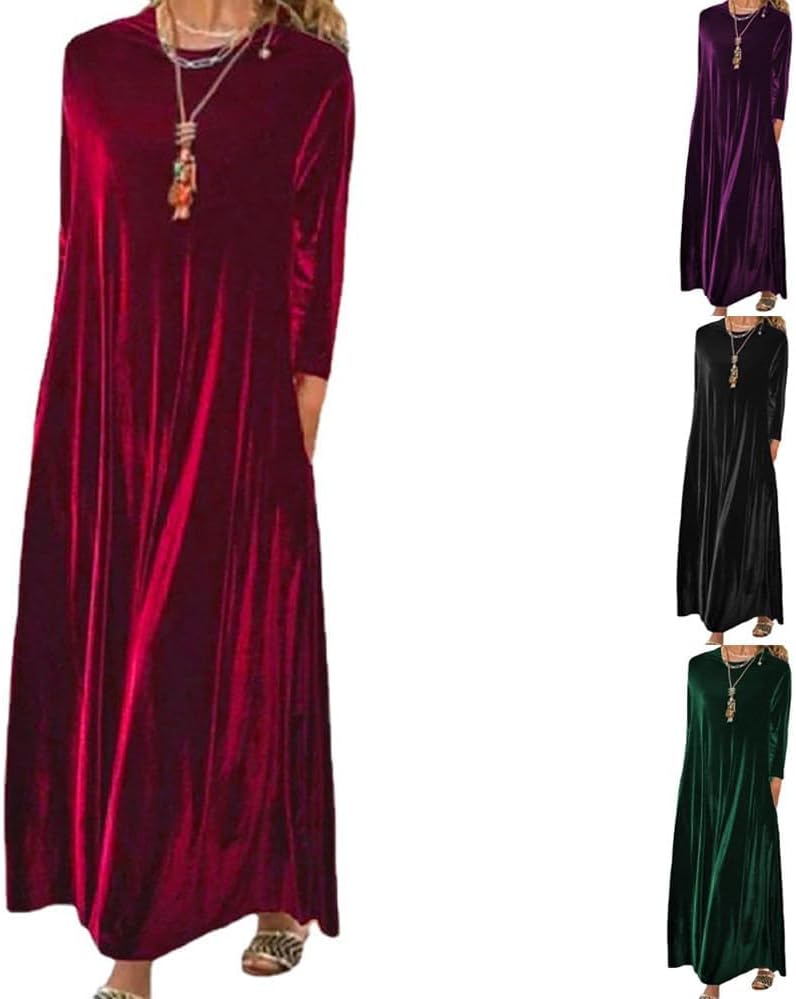 Velvet Long Sleeve Maxi Dress for Women Fall Wedding Guest Cocktail Dresses Loose Fit Crew Neck Flowy Plus Size - Image 5