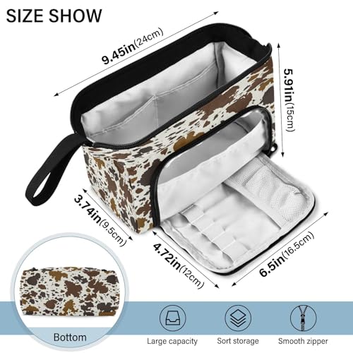 Image of Portable Pencil Case Pen Bag with Zipper, Cow Print Skin Brown Large Pencil Pouch Pen Case Stationery Bag for Office School Student, Multifunctional Pen Box for Girl Boy Men Women