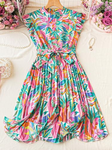 Image of SISKIN Summer Dresses for Women 2025, Boho Elegant Weeding Party Beach Resort Dresses for Women 2025 Casual Spring, Floral Multicolor Ruffle High Neck Midi A-line Pleated Belt Dress Green M
