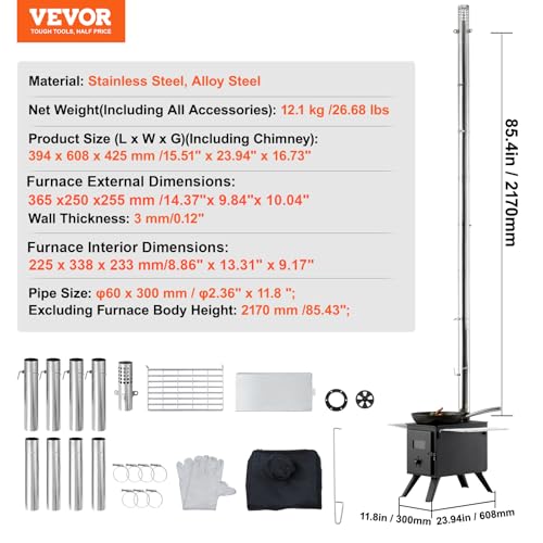 Image of VEVOR Wood Stove, 86 inch, Alloy Steel Camping Tent Stove, Portable Wood Burning Stove with Chimney Pipes & Gloves, 1400inFirebox Hot Tent Stove for Outdoor Cooking and Heating with 8 Pipes