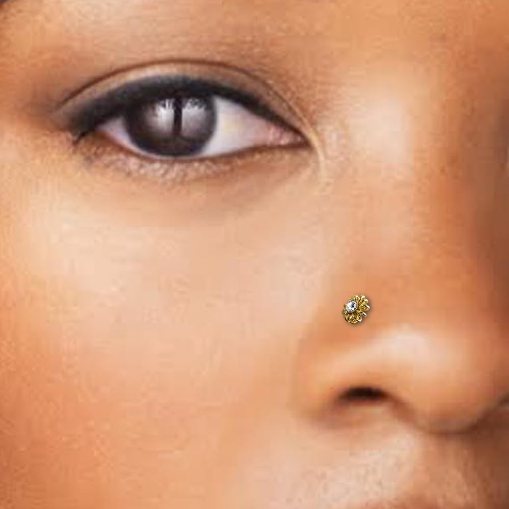 Coil Flower with Crystal Stone Top on 9K Solid Yellow Gold 22 Gauge Straight Nose Stud - Tiny Nose Ring - Gold Nose Stud Piercing Body Jewelry
