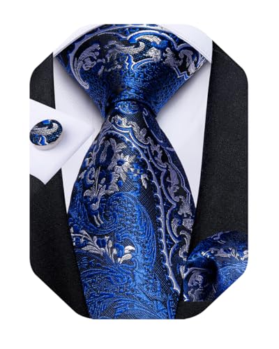 Image of DiBanGu Extra Long Tie for Men 63 inch XL Silk Necktie Set | Pocket Square and Cufflinks, Big and Tall, Jacquard Woven, Gift Box, Paisley /Plaid /Solid /Striped, for Weddinng Party Business