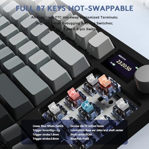 Image of ATTACK SHARK RK86 RGB 75% Wireless Gasket Mechanical Keyboard,3-Mode Bluetooth5.0 /2.4G /USB-C 82 Keys Hot Swappable Gaming Keyboard Side Print Keycaps,4000 mAH Battery w /Knob & Display,Linear Switches