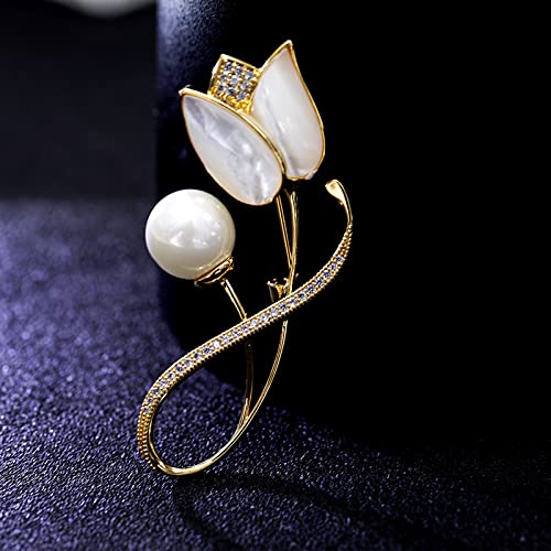 Image of 14K Gold Tulip Flower Brooch, Delicate Moissanite and Natural Freshwater Pearl Corsage,Perfect for Elegant Dressing