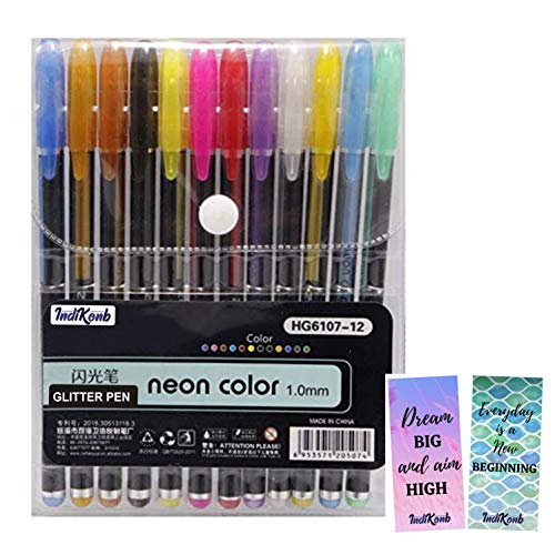 INDIKONB Neon Glitter Gel Pens set for Adults Kids Artists and Neon Smooth Fine Tip Gels with 40% More Ink, Perfect for Coloring Books Drawing Scrapbooking Writing Drawing Sketching Designing Art Craft School (Glitter Color Pens) + Free Bookmark INDIKONB Neon Glitter Gel Pens set for Adults Kids Artists and Neon Smooth Fine Tip Gels with 40% More Ink, Perfect for Coloring Books Drawing Scrapbooking Writing Drawing Sketching Designing Art Craft School (Glitter Color Pens) + Free Bookmark