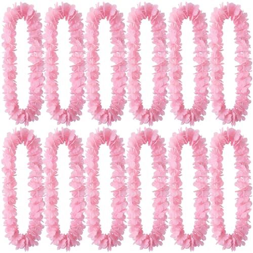 Suncalla 12 Pcs Hawaiian Leis Garland Ruffled Hula Aloha Flower Necklaces Luau Hen Stag Hawaiian Fancy Dress Decorations for Adults Beach Tropical Themed Birthday Summer Party Favor(Pink)
